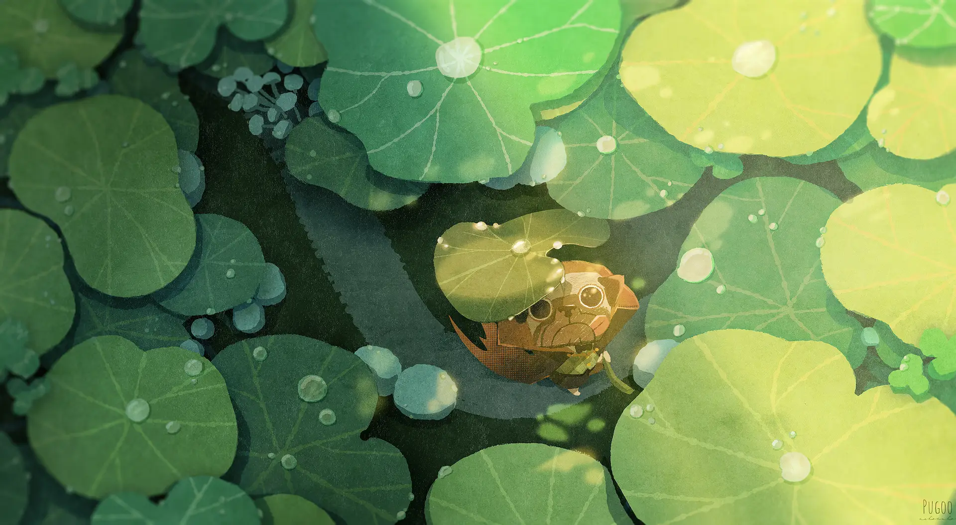 a_cartoon_character_in_a_pond_surrounded_by_leaves.png