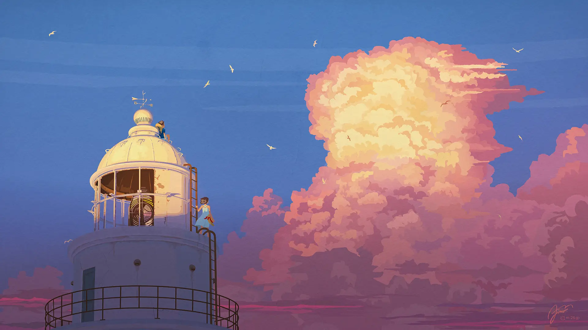 a_lighthouse_with_a_large_cloud_of_pink_clouds.jpg